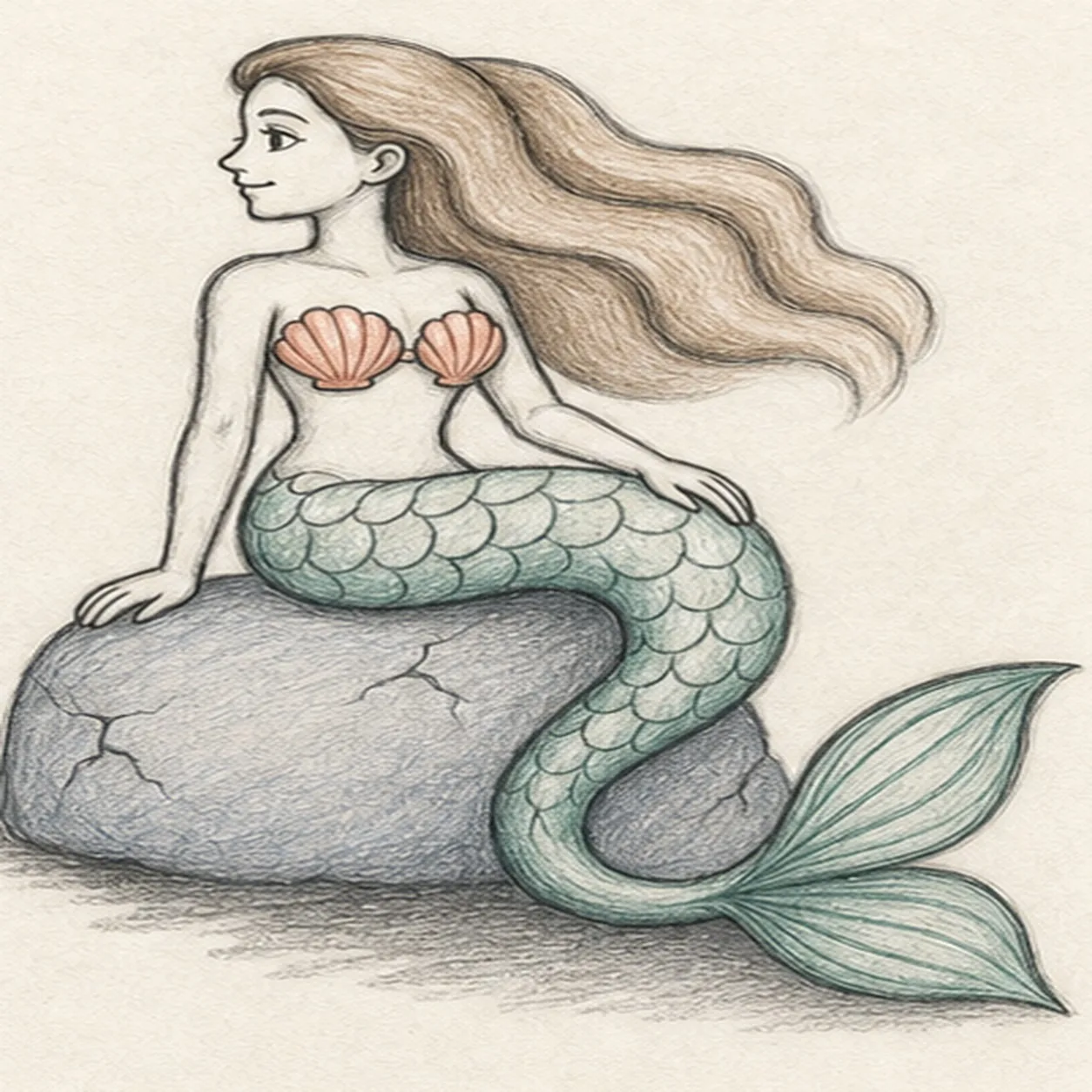 Handmade graphite and restrained colored-pencil sketch of one left-facing mermaid seated sideways on a low blue-gray rock with a profile face, two visible arms and simplified hands, three broad waves of warm-brown hair, a coral two-shell top, one long sea-green S-curved tail covered in a large overlapping scale pattern, a two-lobed fin with directional rays, restrained rock cracks, paper highlights, and one broken graphite shadow