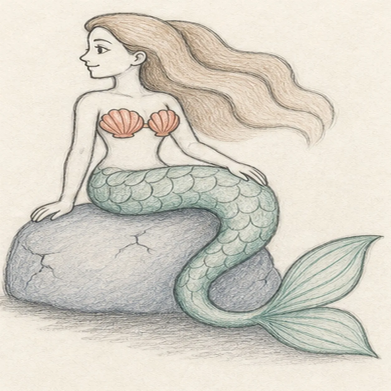 Add sea color and soft value stage for how to draw a mermaid seated on a rock