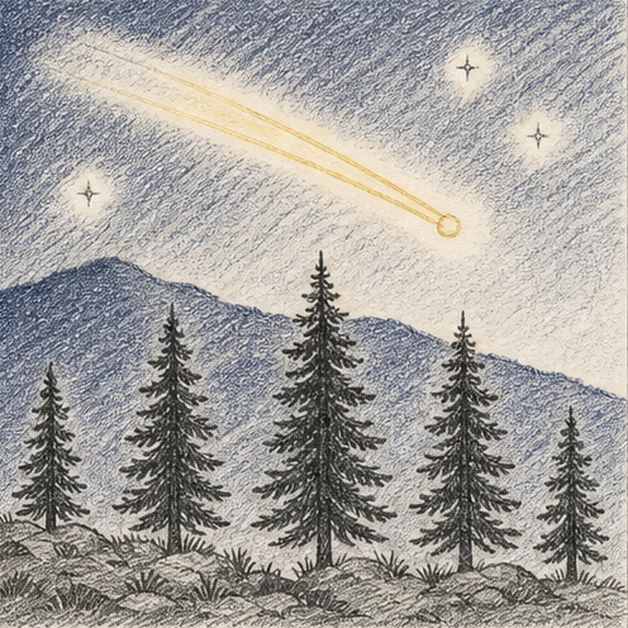 Handmade graphite and restrained colored-pencil sketch of one diagonal shooting star with a small warm-yellow round head on the page right and exactly two tapered yellow wake bands trailing toward the upper left, exactly three small open-paper sky stars, two layered indigo-blue hill ridges, exactly five dark foreground pine trees in varied heights, dense directional graphite night-sky hatching, open warm-paper glow around the meteor and stars, broken rock-and-grass foreground texture, and visible pencil tooth