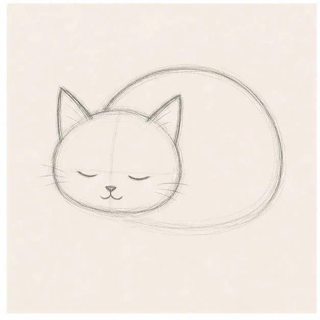 Find the curled outline stage for how to draw a sleepy cat