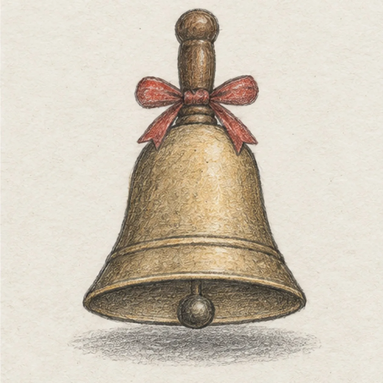 Handmade graphite and restrained colored-pencil sketch of one centered antique brass handbell with a flared dome, lower oval rim, short brown wooden handle, central round clapper, two-loop muted-red ribbon tied around the handle with two short tails, one curved engraved band and a broken gray ground shadow