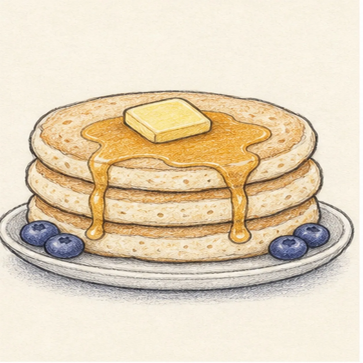 Graphite and colored-pencil sketch of a stack of three pancakes on a plate with butter, golden syrup drips, blueberries, crumb texture, and a soft shadow