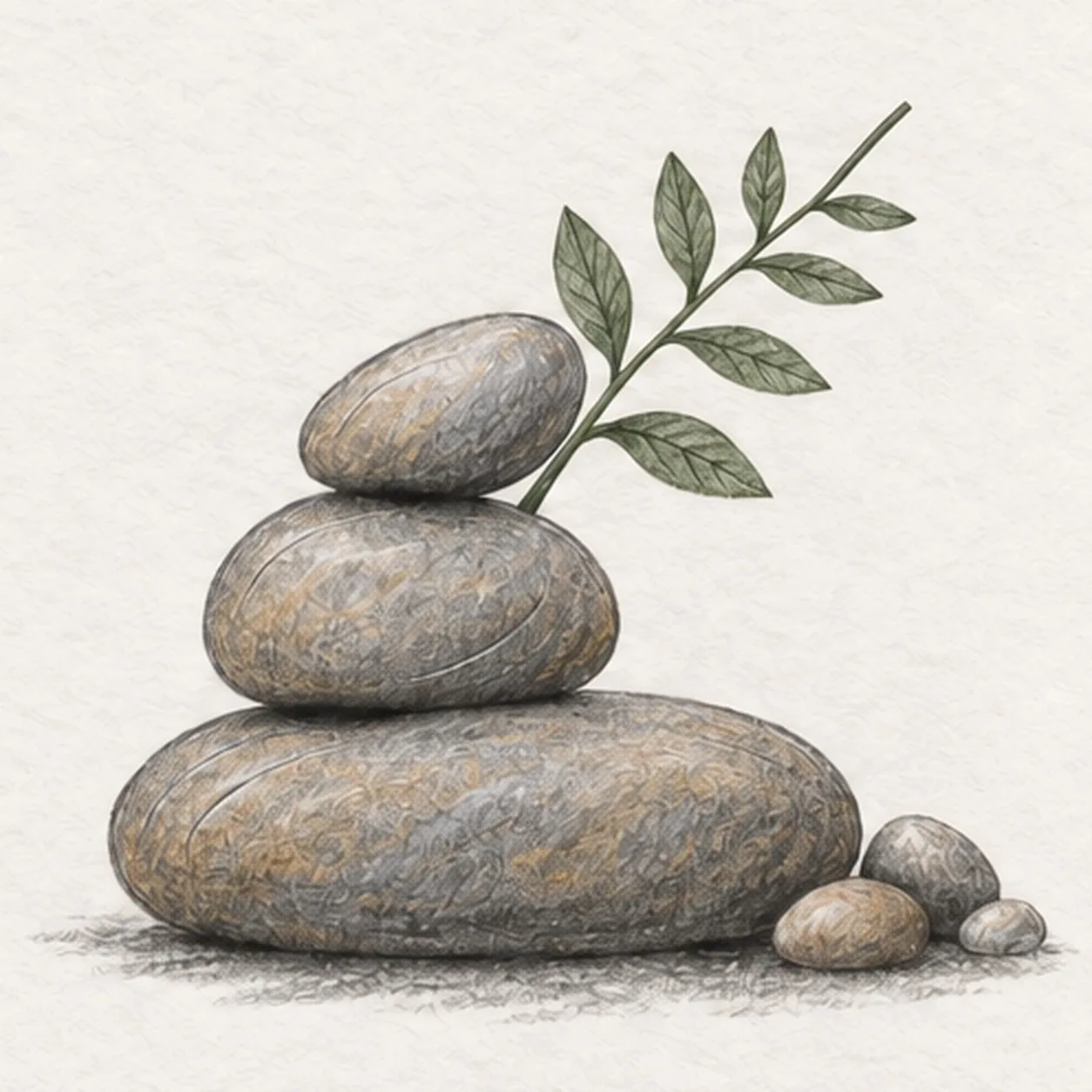 Handmade graphite and restrained colored-pencil sketch of exactly three stacked river stones with one broad cool-gray base stone, one rounded warm-gray middle stone, one tilted gray-and-ochre top stone, one muted-green fern stem anchored behind the middle stone with exactly eight alternating leaflets, exactly three small pebbles at lower right, sparse curved surface arcs, visible paper tooth, open-paper highlights, and one broken graphite ground shadow