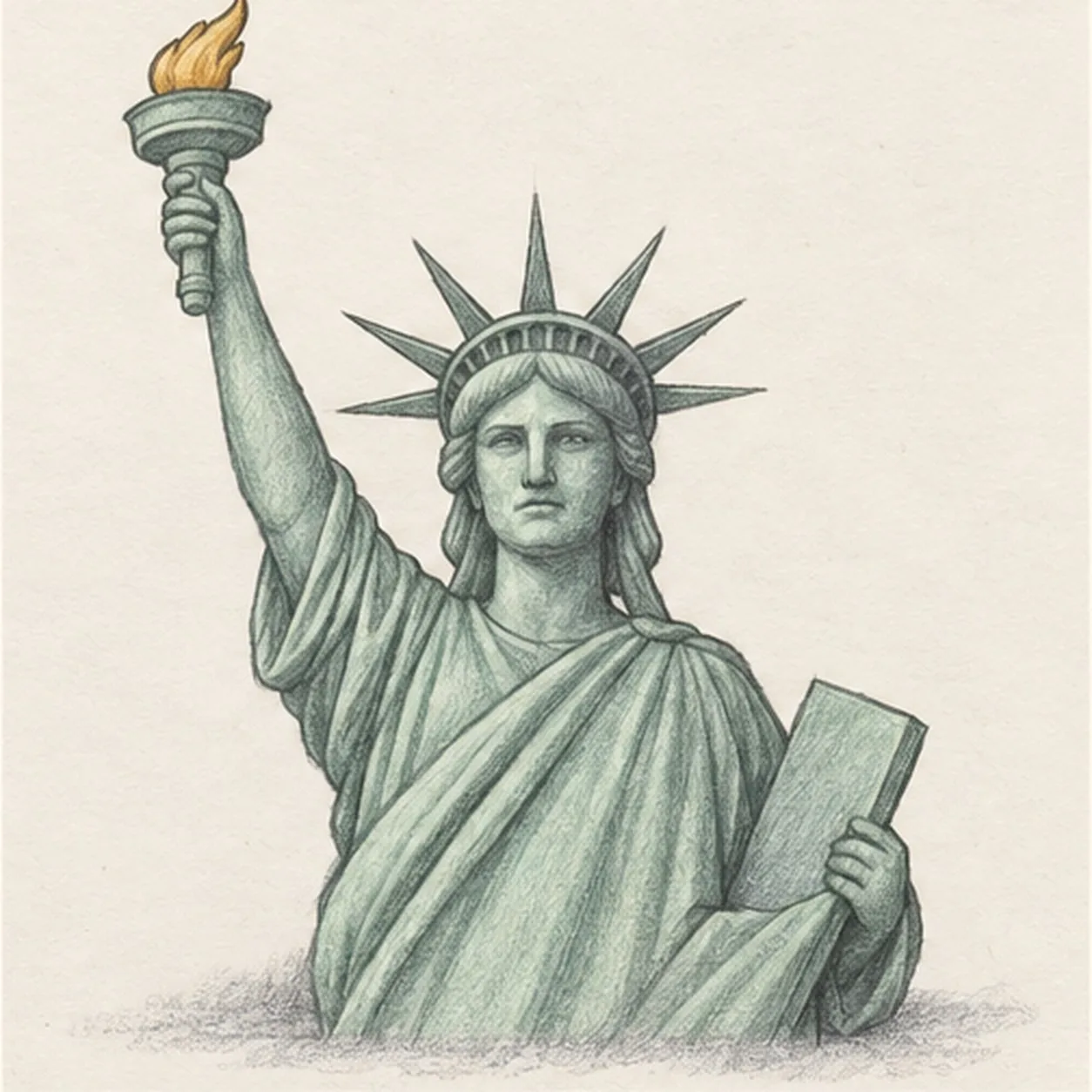 Handmade graphite and restrained colored-pencil sketch of the Statue of Liberty from the waist up with one raised right arm holding one torch and golden flame, one bent left arm holding one plain tablet, a calm forward-facing expression, wavy side hair, one crown band with exactly seven pointed rays, layered robe folds, muted sea-green color, visible paper tooth, open-paper highlights, and one broken graphite ground shadow