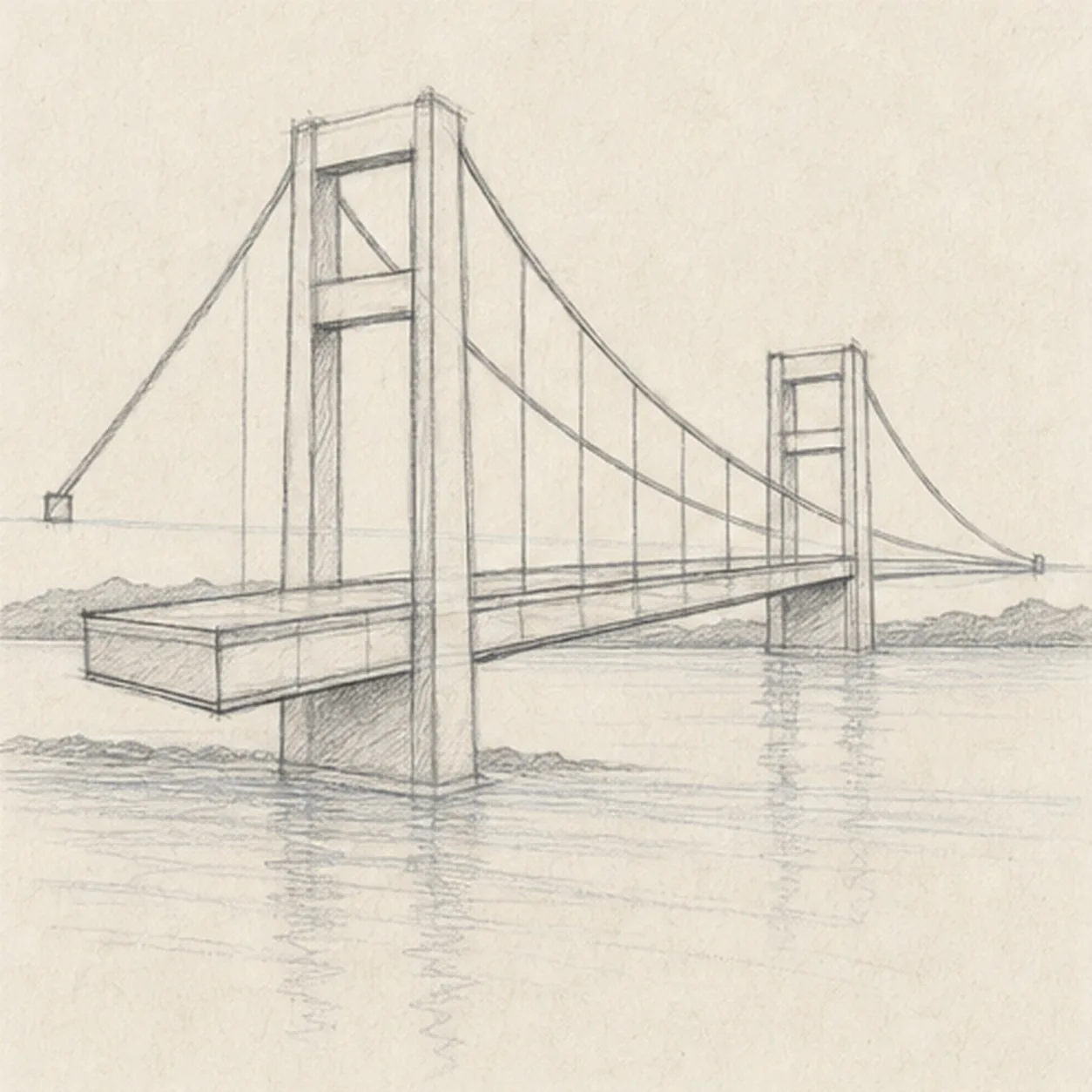 Add structure and water stage for how to draw a suspension bridge