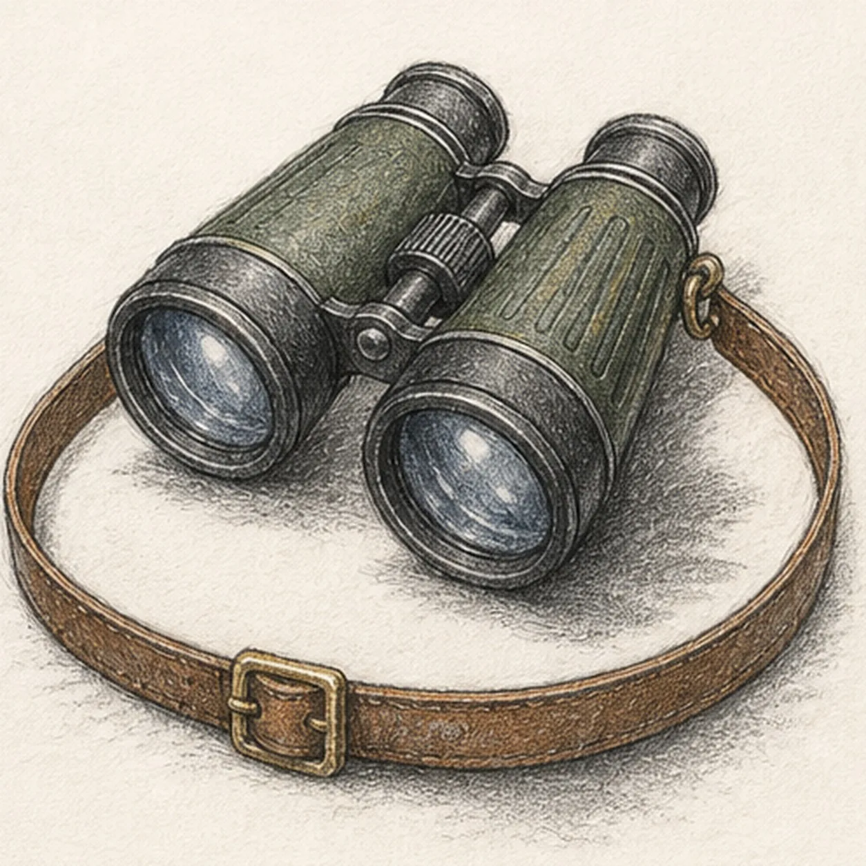 Handmade graphite and restrained colored-pencil sketch of one pair of vintage binoculars in a three-quarter view with exactly two forest-green tapered barrels, exactly two large blue-gray objective lenses, exactly two charcoal eyepieces, one central hinge, one ridged focus wheel, simple grip ribs, small brass hardware, one continuous warm-brown leather strap forming a broad loop beneath the binoculars, exactly one brass buckle, one visible brass side ring, open paper highlights, and one broken graphite tabletop shadow