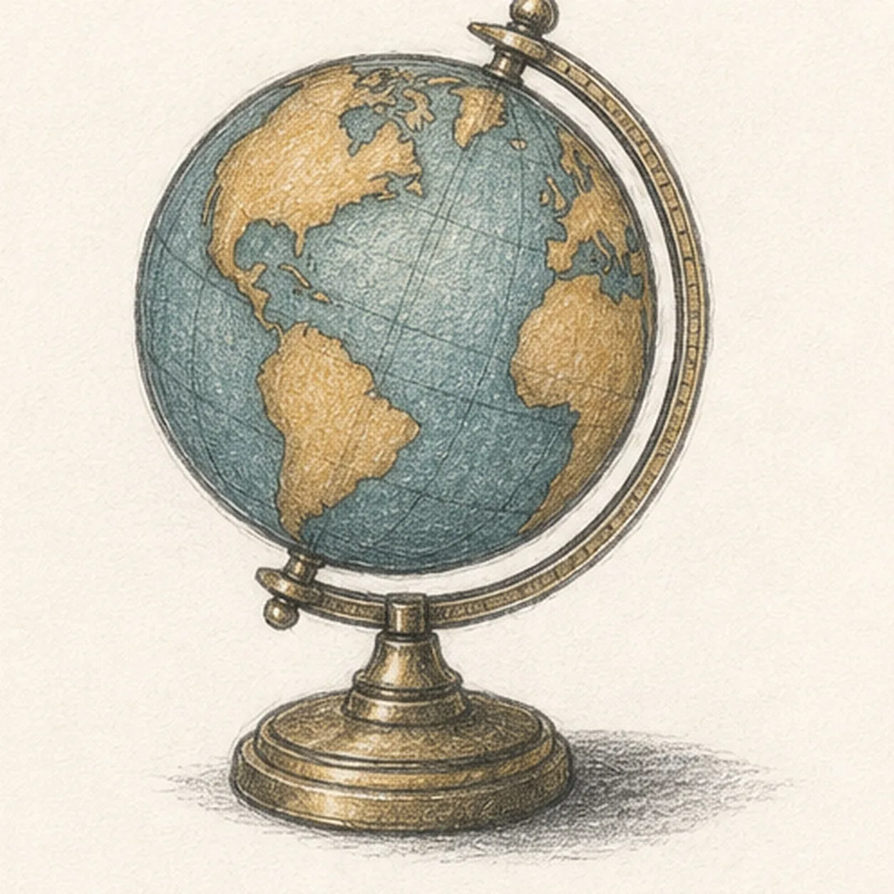 Handmade graphite and restrained colored-pencil sketch of one three-quarter vintage desk globe with a dusty-teal sphere on a diagonal polar axis, simplified warm-ochre landmass silhouettes without labels, curved coordinate lines, a muted-brass meridian support with top and lower pivot knobs, short pedestal, stepped collar, low round base with concentric rings, paper highlights, and one broken graphite cast shadow