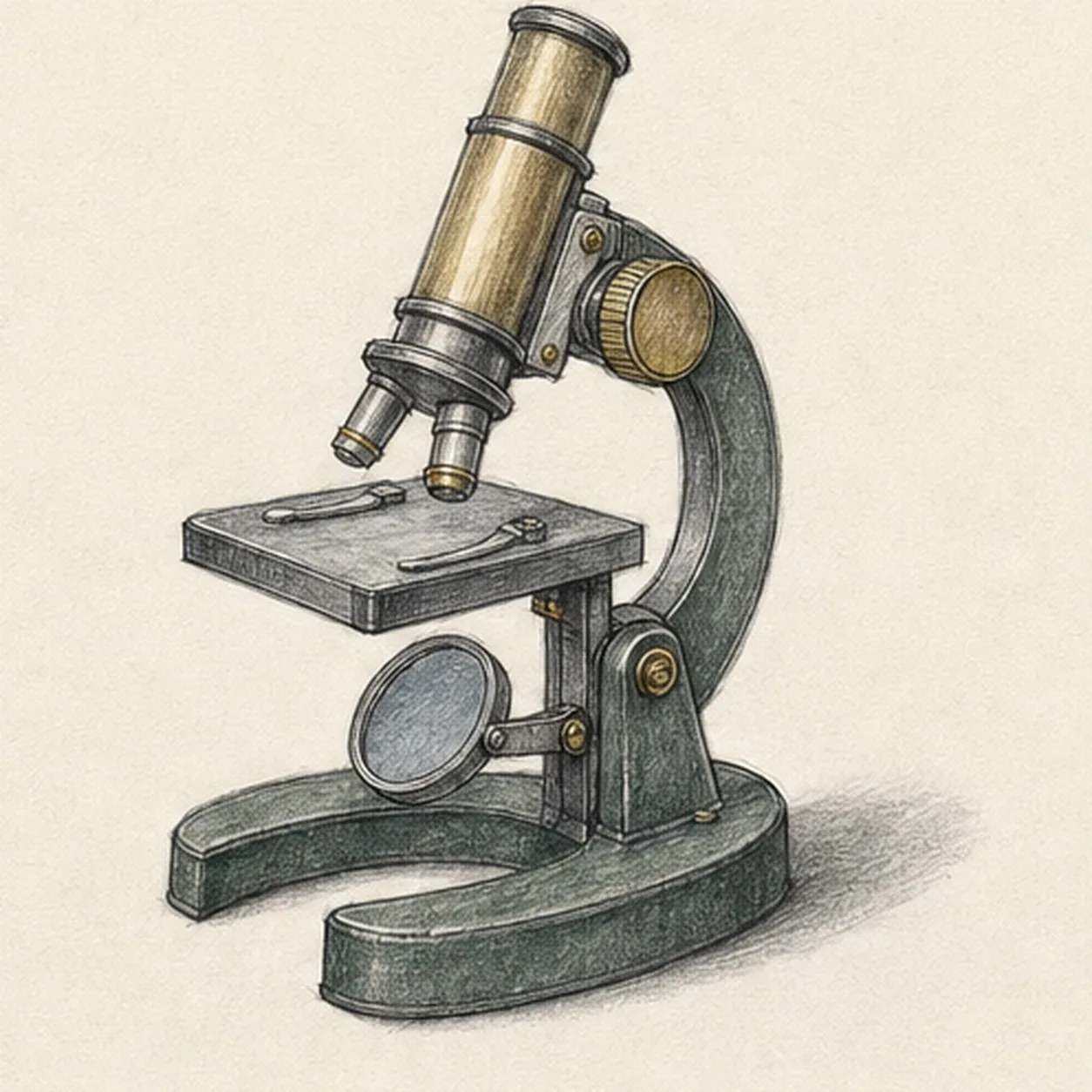 Handmade graphite and restrained colored-pencil sketch of one left-facing three-quarter vintage microscope with a long muted-brass optical barrel and eyepiece, a revolving nosepiece with exactly two objective lenses, one blue-gray rectangular stage with two curved clips, one large ribbed brass focus knob, a dark curved support arm, one round tilting blue-gray mirror, an upright hinge support, a broad charcoal-green horseshoe base, small screws and bands, paper highlights, and one broken graphite cast shadow