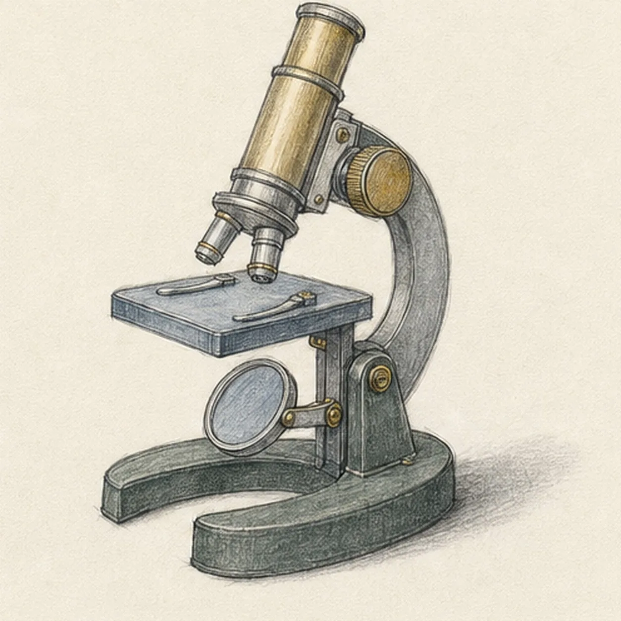 Show brass, steel, and weight stage for how to draw a vintage microscope