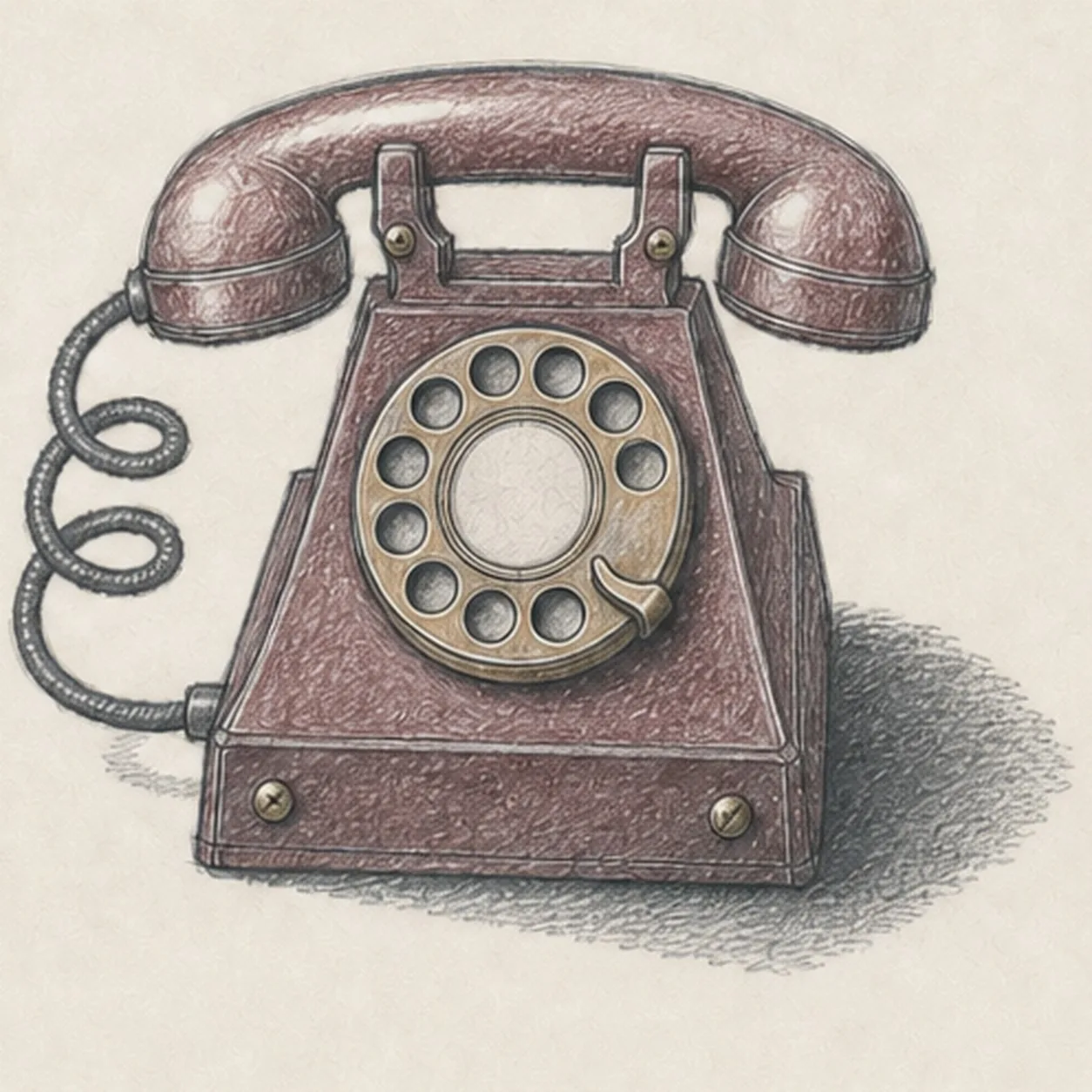 Handmade graphite and restrained colored-pencil sketch of one three-quarter vintage rotary desk telephone with a curved muted-burgundy handset, two rounded end caps, two cradle forks, a sloped burgundy base, one muted-brass rotary dial with exactly ten charcoal finger holes, one blank center plate, one small finger stop, a charcoal cord with exactly two clear coils and one loose lower connecting curve, two brass screws, paper highlights, and one broken graphite cast shadow