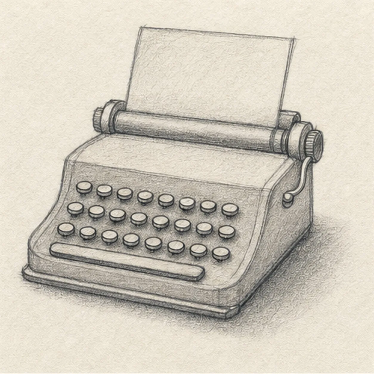 Graphite and colored-pencil sketch of a compact front three-quarter vintage typewriter with upright paper, roller, three staggered rows of round keys, space bar, carriage lever, side knob, warm-gray tone, and soft shadow