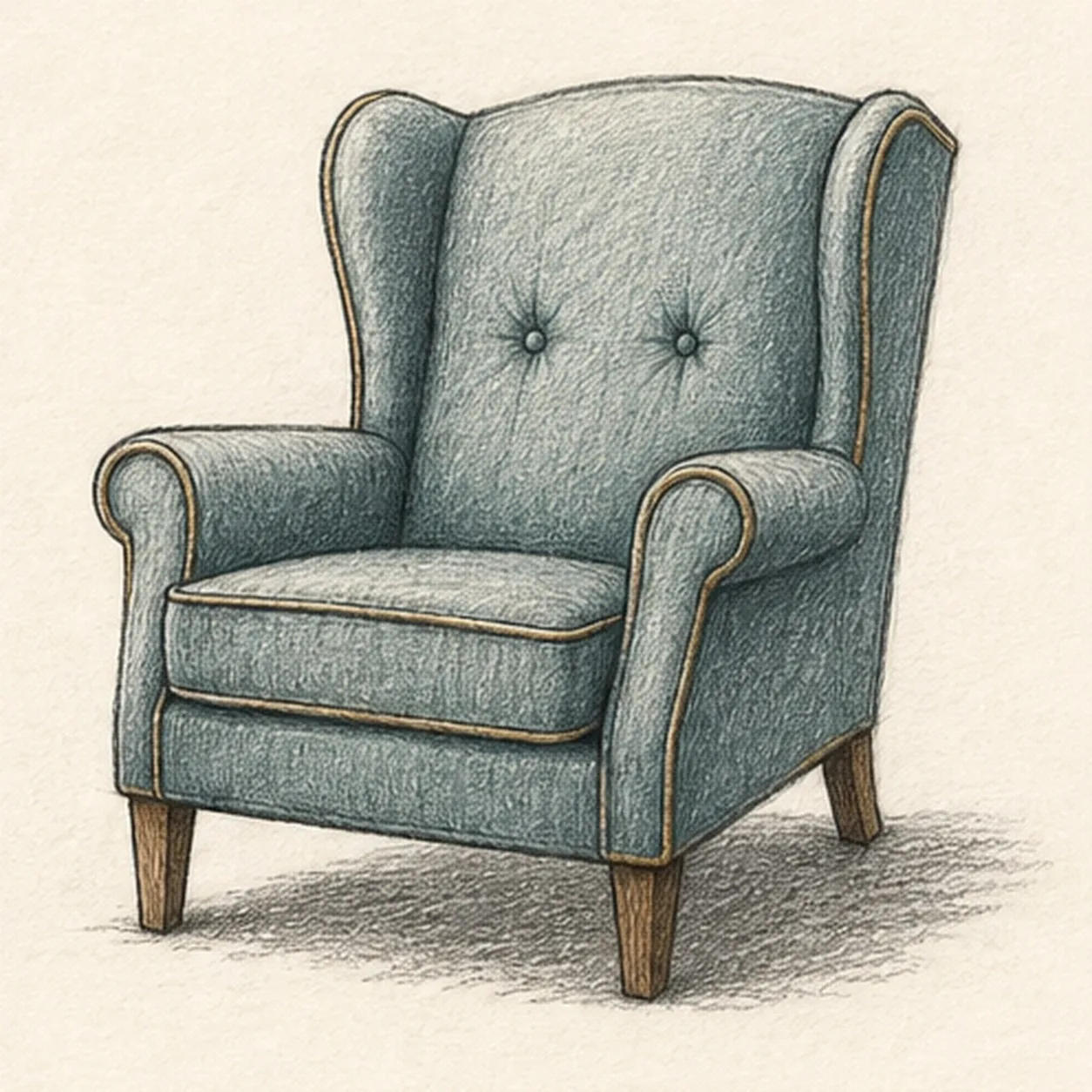 Handmade graphite and restrained colored-pencil sketch of one vintage wingback chair in a three-quarter view with one tall dusty-teal back, exactly two side wings, exactly two rolled arms, one loose seat cushion, one front apron, exactly three visible warm-brown tapered legs, exactly two tuft buttons, ochre piping, directional fabric hatching, open paper highlights, and one broken graphite floor shadow