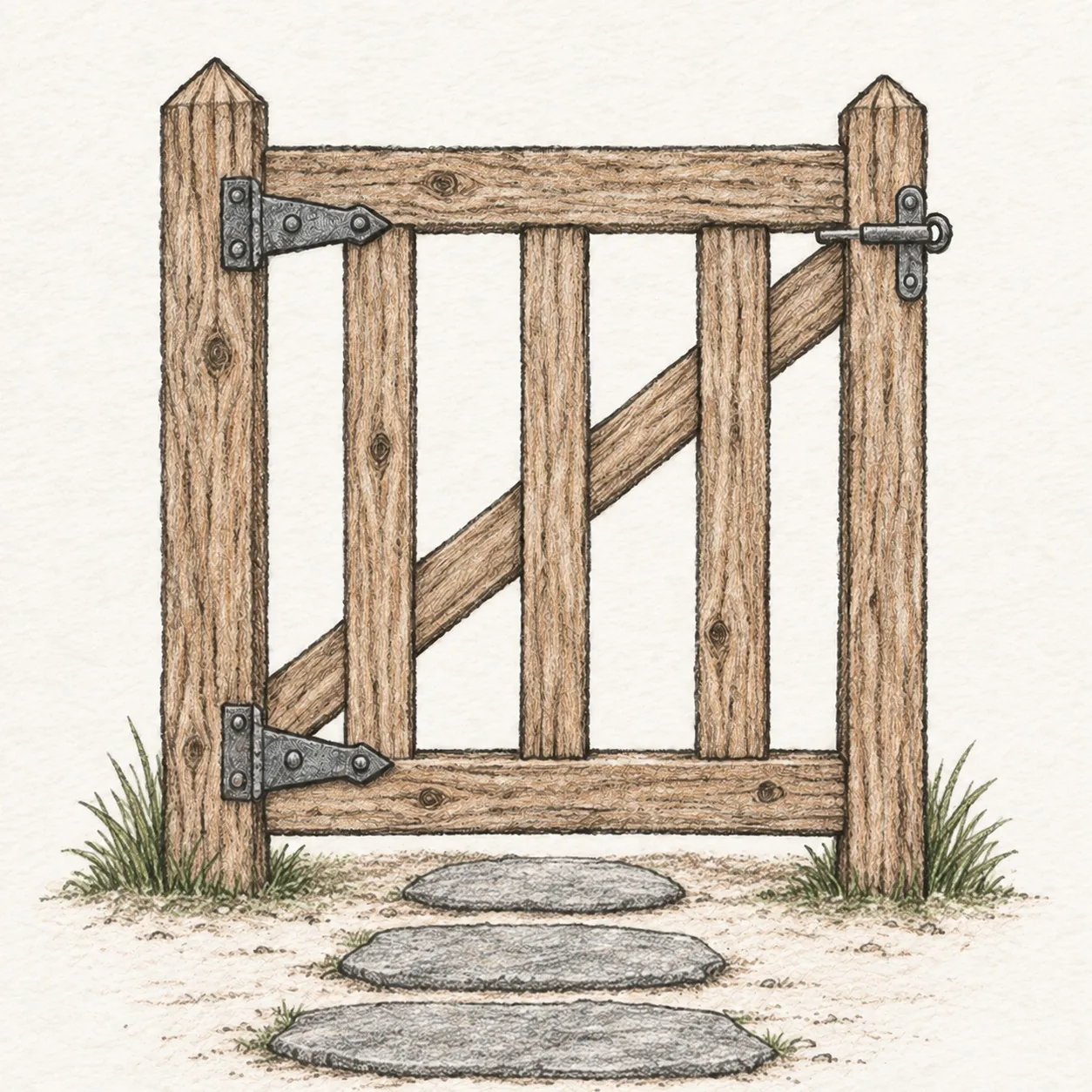Handmade graphite and restrained colored-pencil sketch of one closed weathered wooden garden gate with two pointed posts, top and bottom rails, three upright slats, one diagonal rear brace, two iron hinges at left, one latch at upper right, three path stones, two grass tufts, visible wood grain, and a broken ground shadow