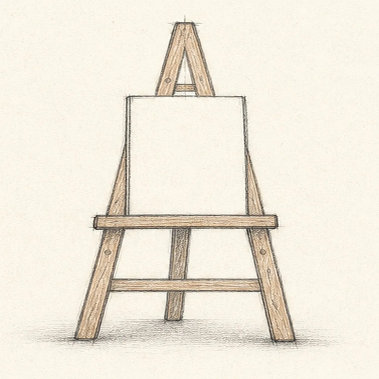 Handmade graphite and pale brown pencil sketch of a front-facing wooden artist easel with an A-frame, blank rectangular canvas, support shelf, rear leg, crossbars, wood grain, and soft floor shadow