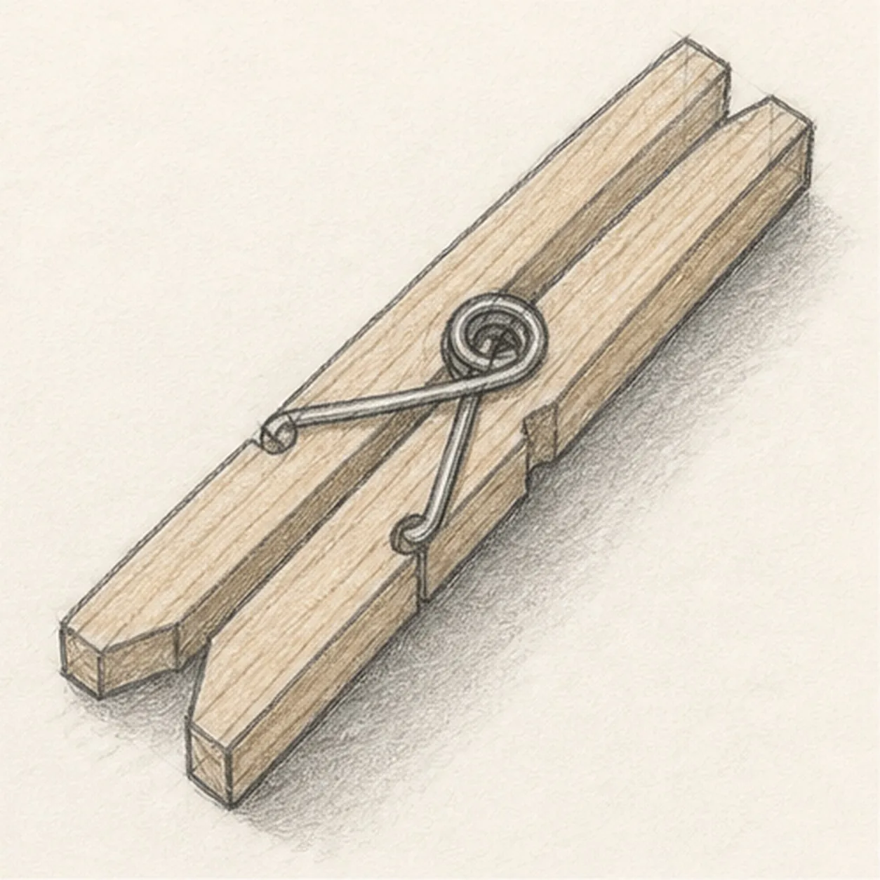 Graphite and colored-pencil sketch of a diagonal wooden clothespin with two wooden halves, pinched jaws, center metal spring, wire arms, wood grain, warm tan shading, and soft shadow