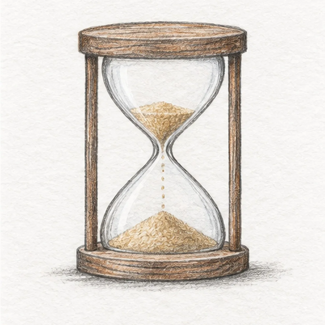 Handmade graphite and restrained warm-brown colored-pencil sketch of one upright wooden hourglass with two shallow oval plates, two straight side posts, clear glass bulbs narrowing at a central waist, a small upper sand pile, a broad lower sand pile, a thin broken falling stream, sparse wood grain, paper highlights, and a short broken graphite ground shadow