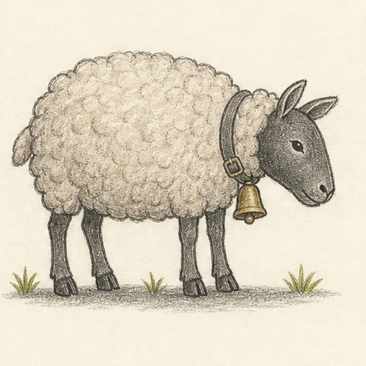 Handmade graphite and restrained colored-pencil sketch of one calm right-facing woolly sheep with a rounded scalloped fleece body, dark lowered face, two pointed ears, one visible eye, exactly four separated dark legs and hooves, one small tail, a plain collar with buckle, one muted-brass bell and clapper, three dusty-green grass tufts, warm-gray wool shading, paper highlights, and one broken graphite ground shadow